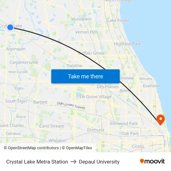Crystal Lake Metra Station to Depaul University map