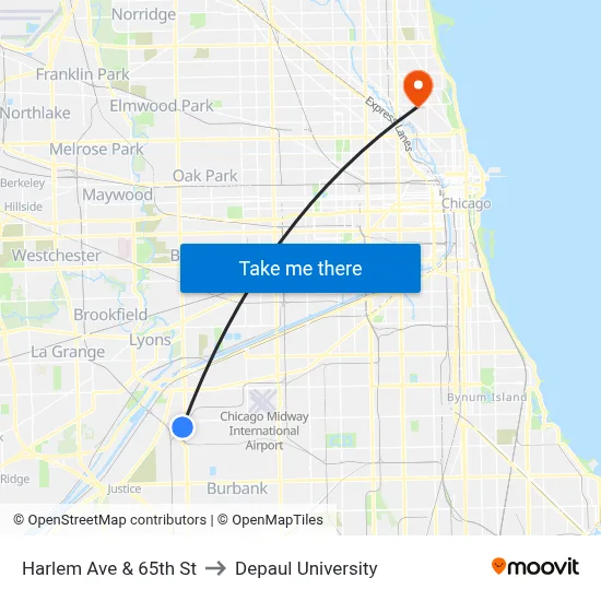 Harlem Ave & 65th St to Depaul University map