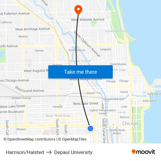 Harrison/Halsted to Depaul University map