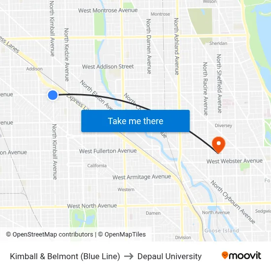 Kimball & Belmont (Blue Line) to Depaul University map