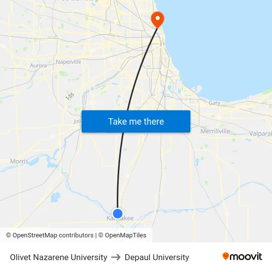 Olivet Nazarene University to Depaul University map