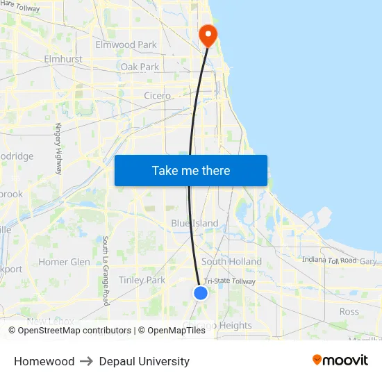 Homewood to Depaul University map