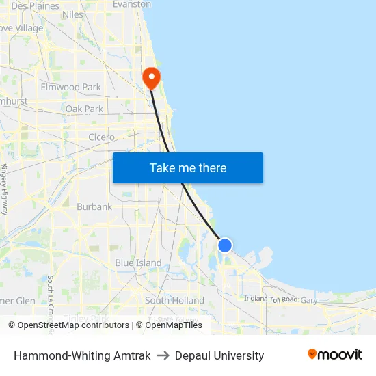 Hammond-Whiting Amtrak to Depaul University map