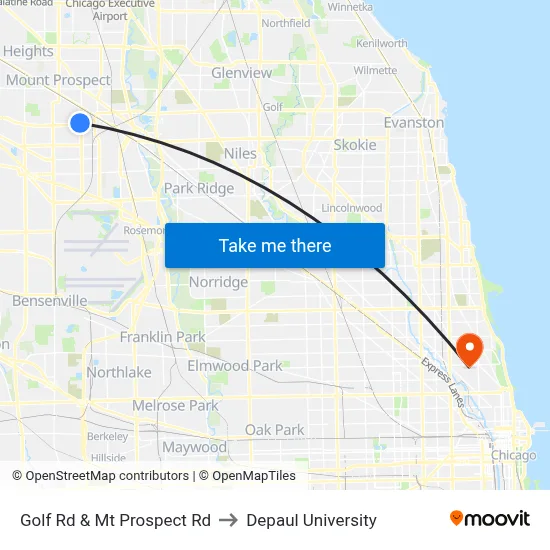 Golf Rd & Mt Prospect Rd to Depaul University map