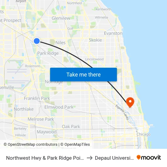Northwest Hwy & Park Ridge Point to Depaul University map