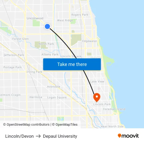 Lincoln/Devon to Depaul University map