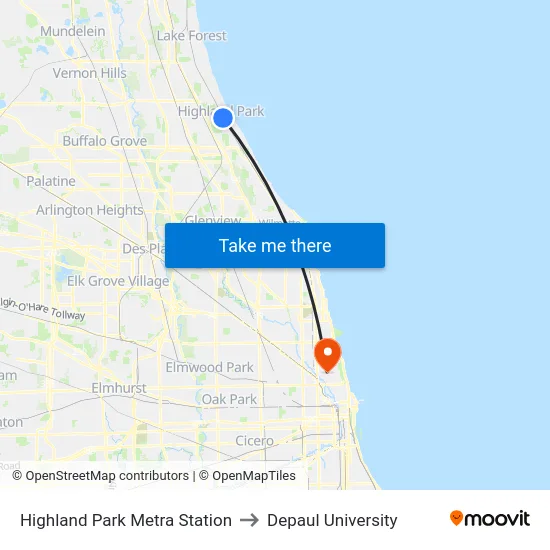 Highland Park Metra Station to Depaul University map