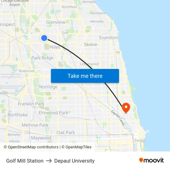 Golf Mill Station to Depaul University map