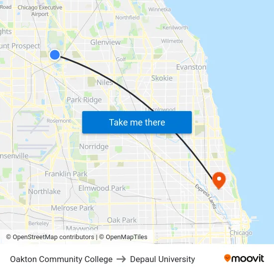 Oakton Community College to Depaul University map