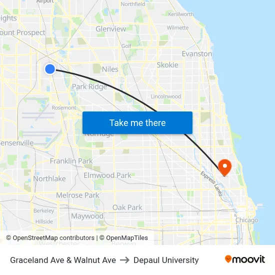 Graceland Ave & Walnut Ave to Depaul University map