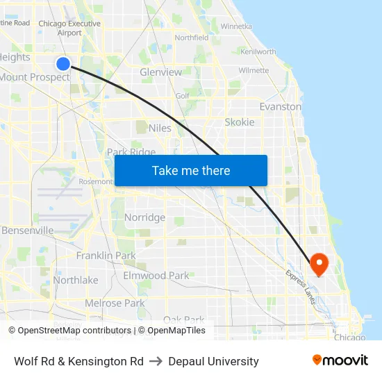 Wolf Rd & Kensington Rd to Depaul University map