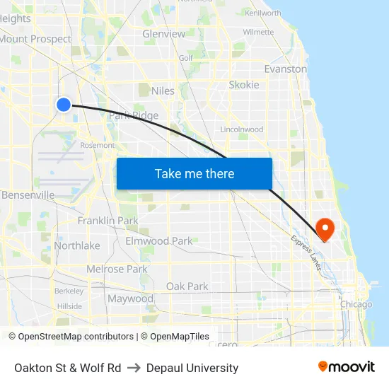 Oakton St & Wolf Rd to Depaul University map