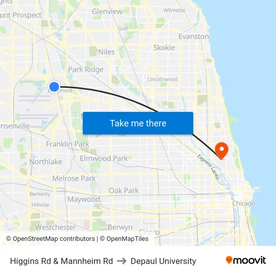 Higgins Rd & Mannheim Rd to Depaul University map