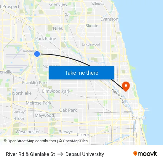 River Rd & Glenlake St to Depaul University map