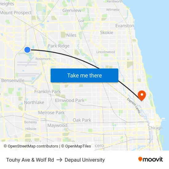 Touhy Ave & Wolf Rd to Depaul University map