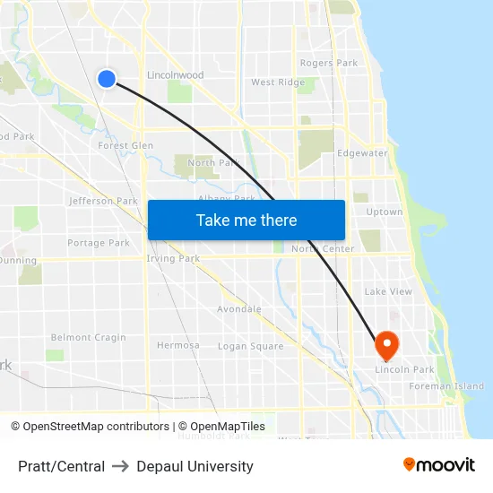 Pratt/Central to Depaul University map