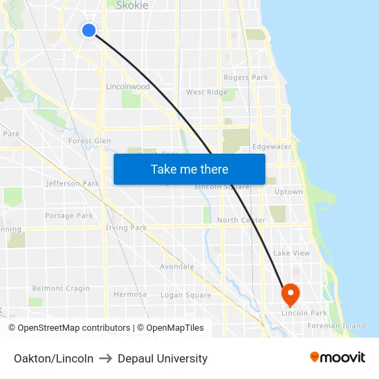 Oakton/Lincoln to Depaul University map