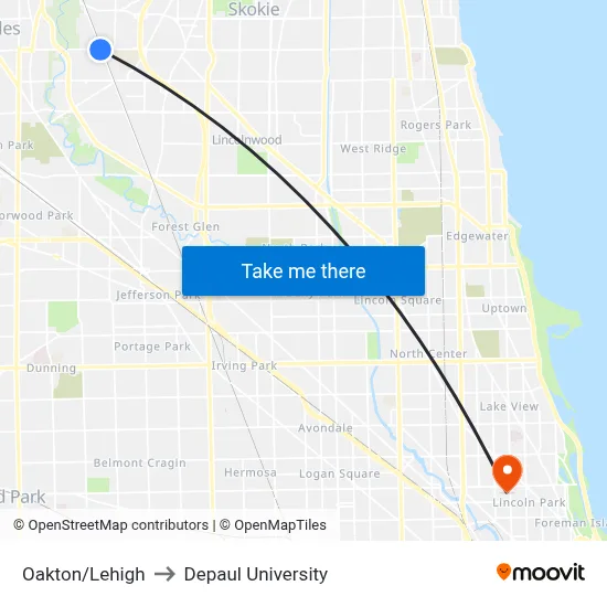 Oakton/Lehigh to Depaul University map