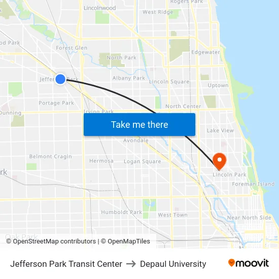 Jefferson Park Transit Center to Depaul University map