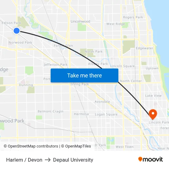 Harlem / Devon to Depaul University map