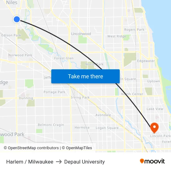 Harlem / Milwaukee to Depaul University map