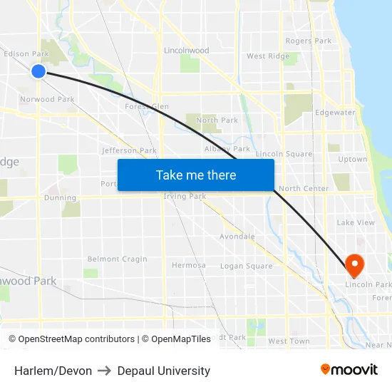 Harlem/Devon to Depaul University map