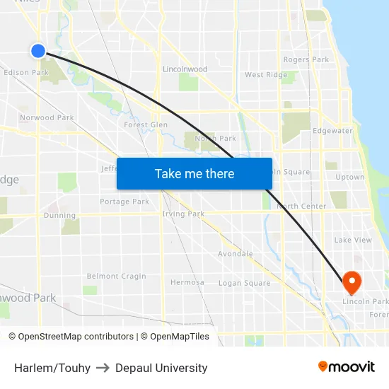 Harlem/Touhy to Depaul University map