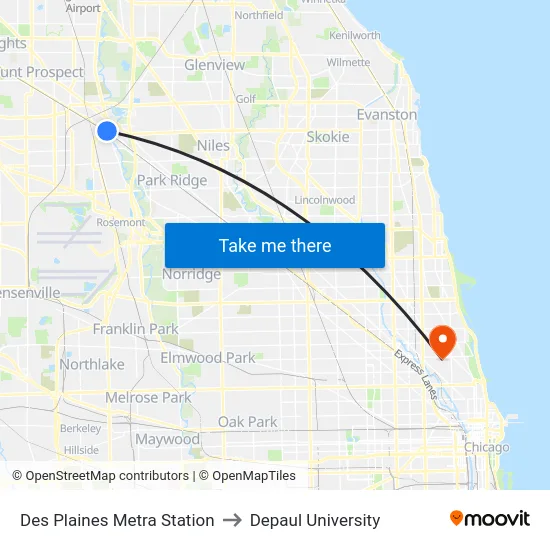 Des Plaines Metra Station to Depaul University map