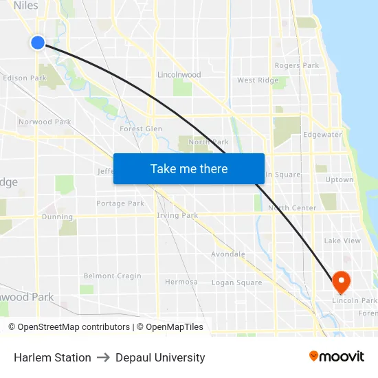 Harlem Station to Depaul University map