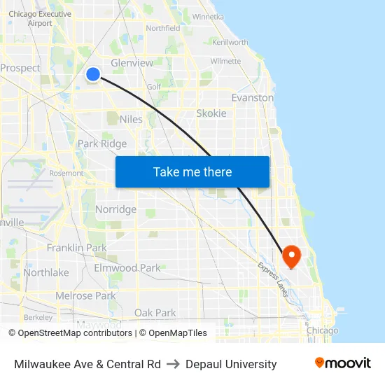 Milwaukee Ave & Central Rd to Depaul University map