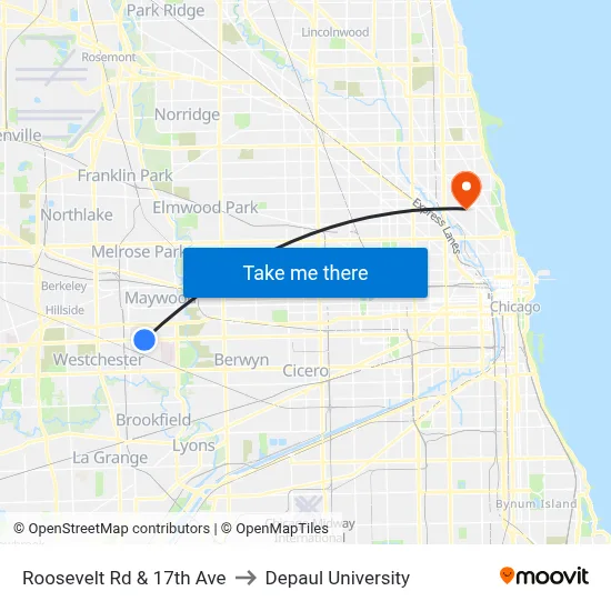 Roosevelt Rd & 17th Ave to Depaul University map