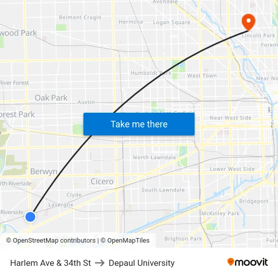 Harlem Ave & 34th St to Depaul University map