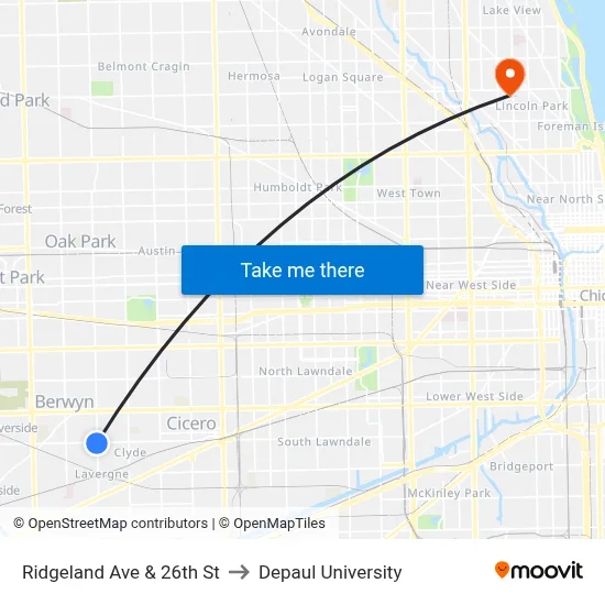 Ridgeland Ave & 26th St to Depaul University map