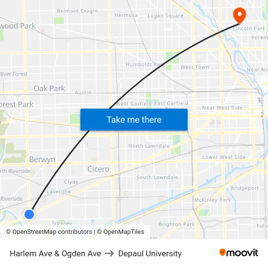 Harlem Ave & Ogden Ave to Depaul University map