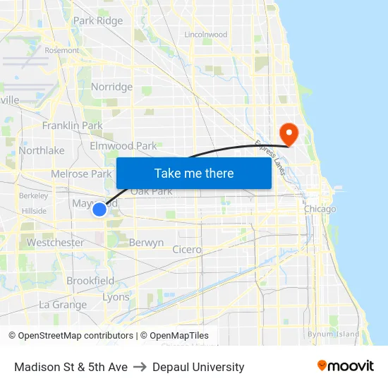 Madison St & 5th Ave to Depaul University map