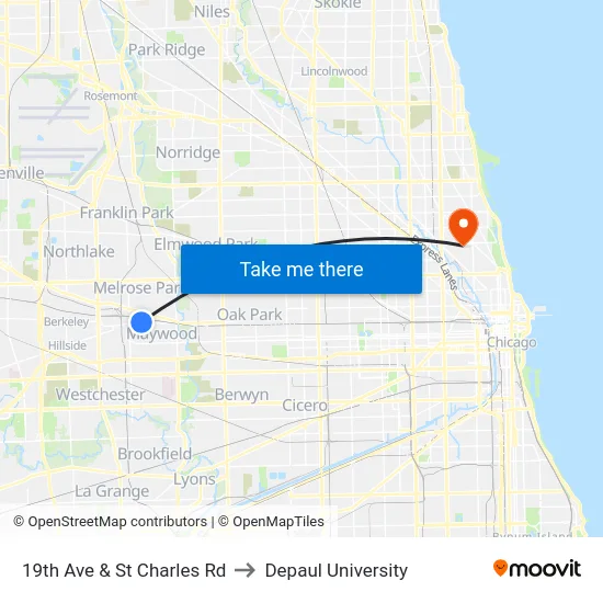 19th Ave & St Charles Rd to Depaul University map
