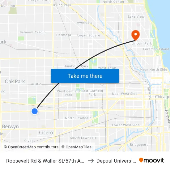 Roosevelt Rd & Waller St/57th Ave to Depaul University map