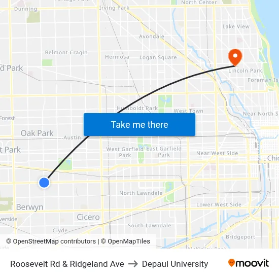Roosevelt Rd & Ridgeland Ave to Depaul University map