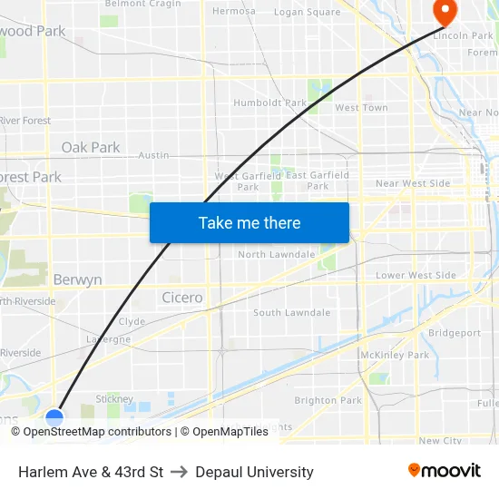 Harlem Ave & 43rd St to Depaul University map