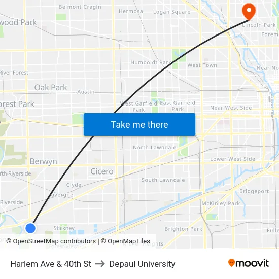 Harlem Ave & 40th St to Depaul University map