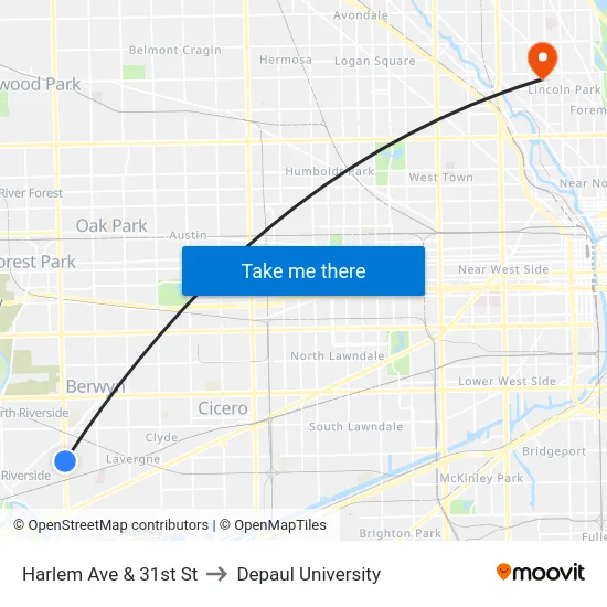 Harlem Ave & 31st St to Depaul University map