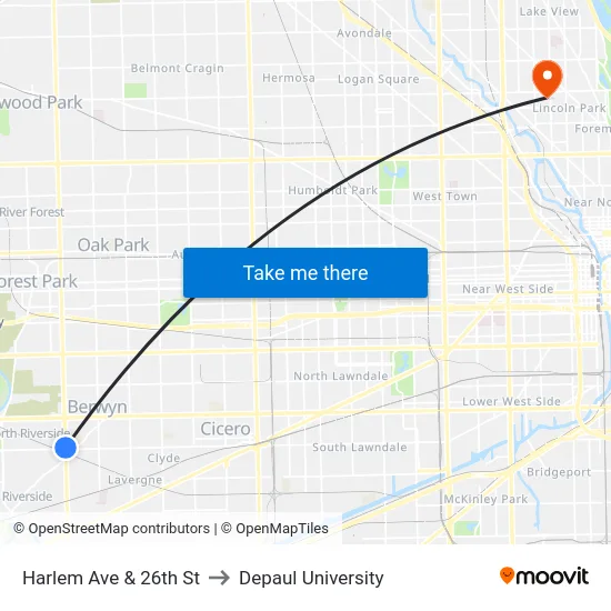Harlem Ave & 26th St to Depaul University map