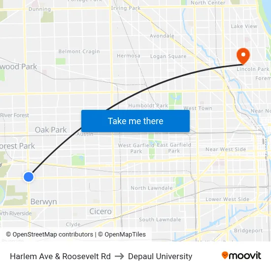 Harlem Ave & Roosevelt Rd to Depaul University map