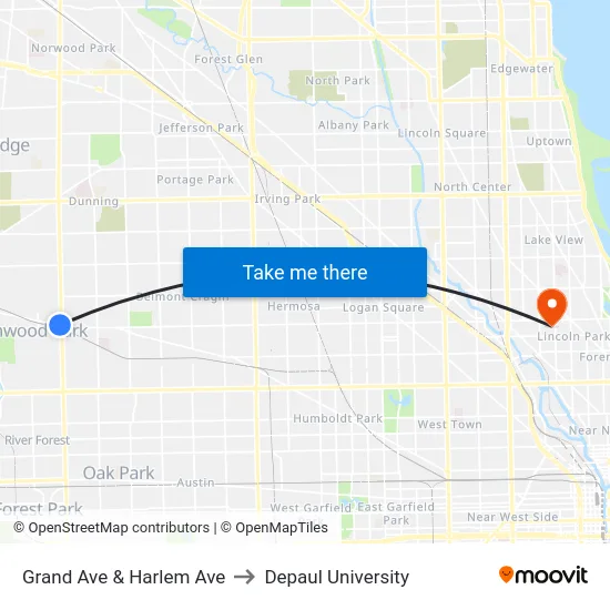 Grand Ave & Harlem Ave to Depaul University map
