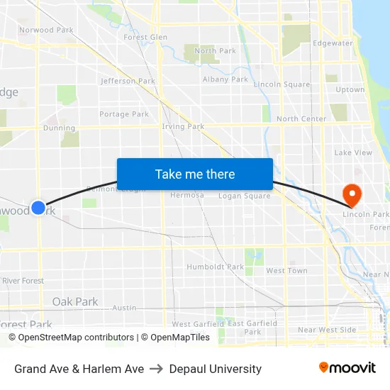 Grand Ave & Harlem Ave to Depaul University map