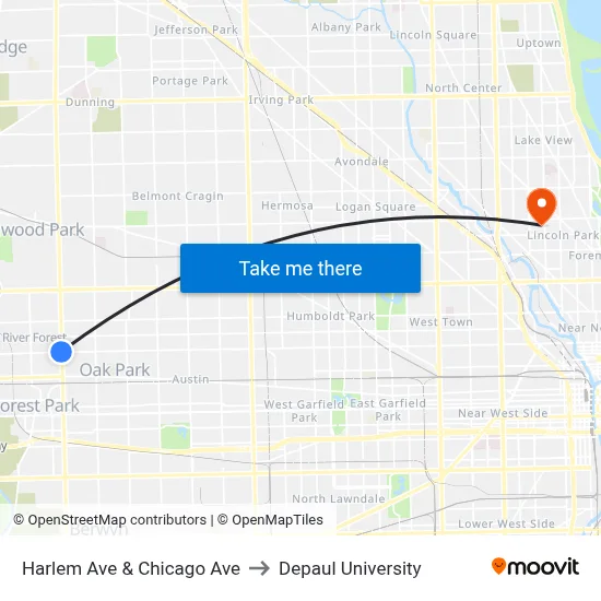 Harlem Ave & Chicago Ave to Depaul University map