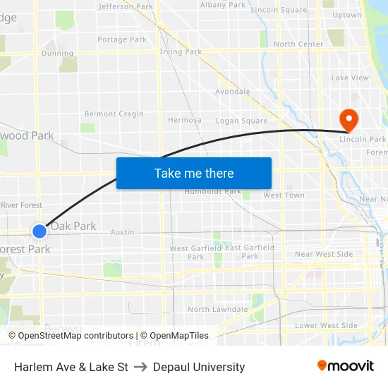 Harlem Ave & Lake St to Depaul University map