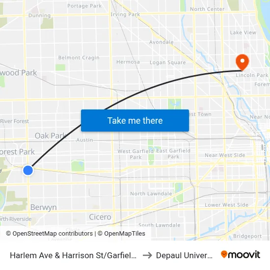 Harlem Ave & Harrison St/Garfield St to Depaul University map