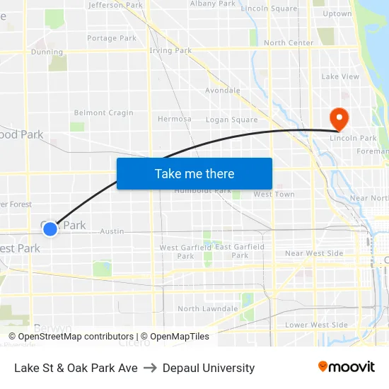 Lake St & Oak Park Ave to Depaul University map