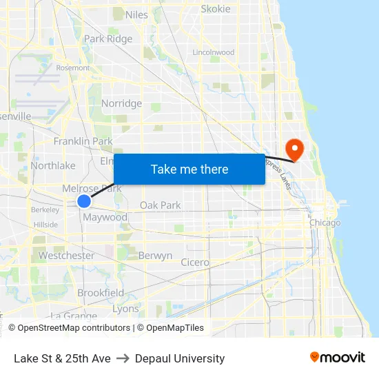 Lake St & 25th Ave to Depaul University map
